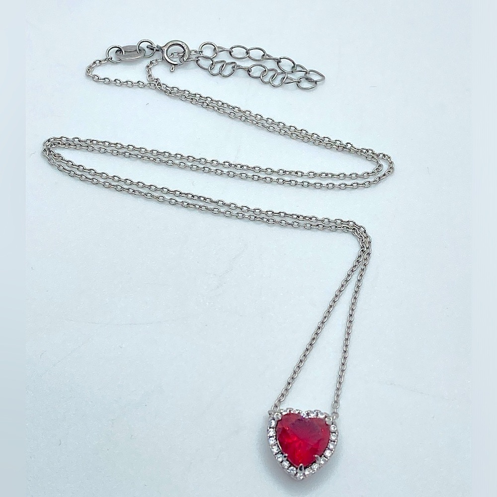STERLING Silver Affixed Red Cz Heart w Halo Valentines Love Necklace 20”